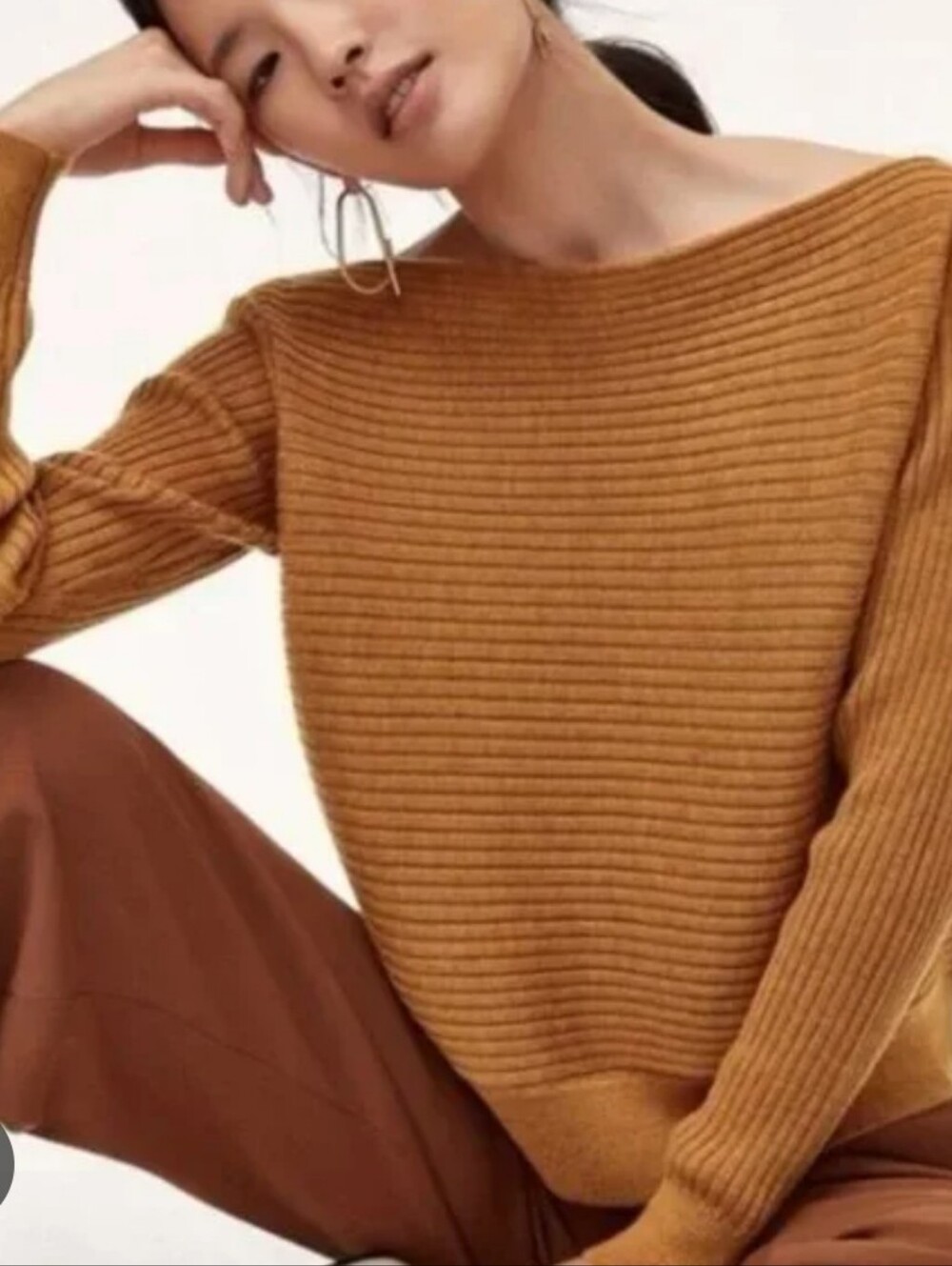 Aritzia Ribbed Boatneck Luc Sweater in Mustard Brown Size S